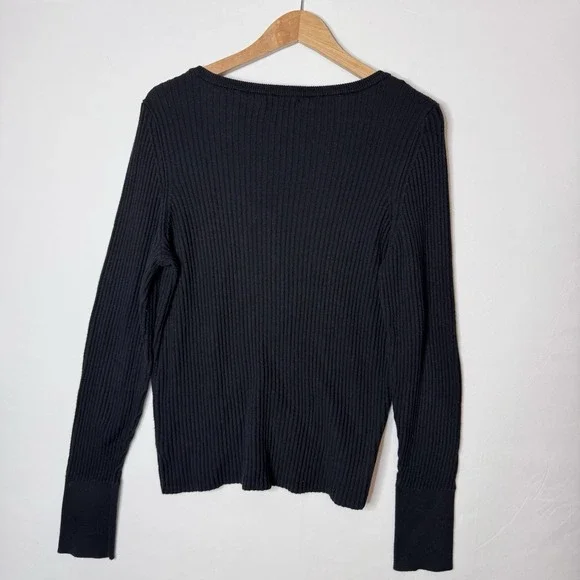 Vintage Y2K 90s Ribbed Henley Women 2X Black Knit Top Snap Front Fitted Scoop - Picture 3 of 8